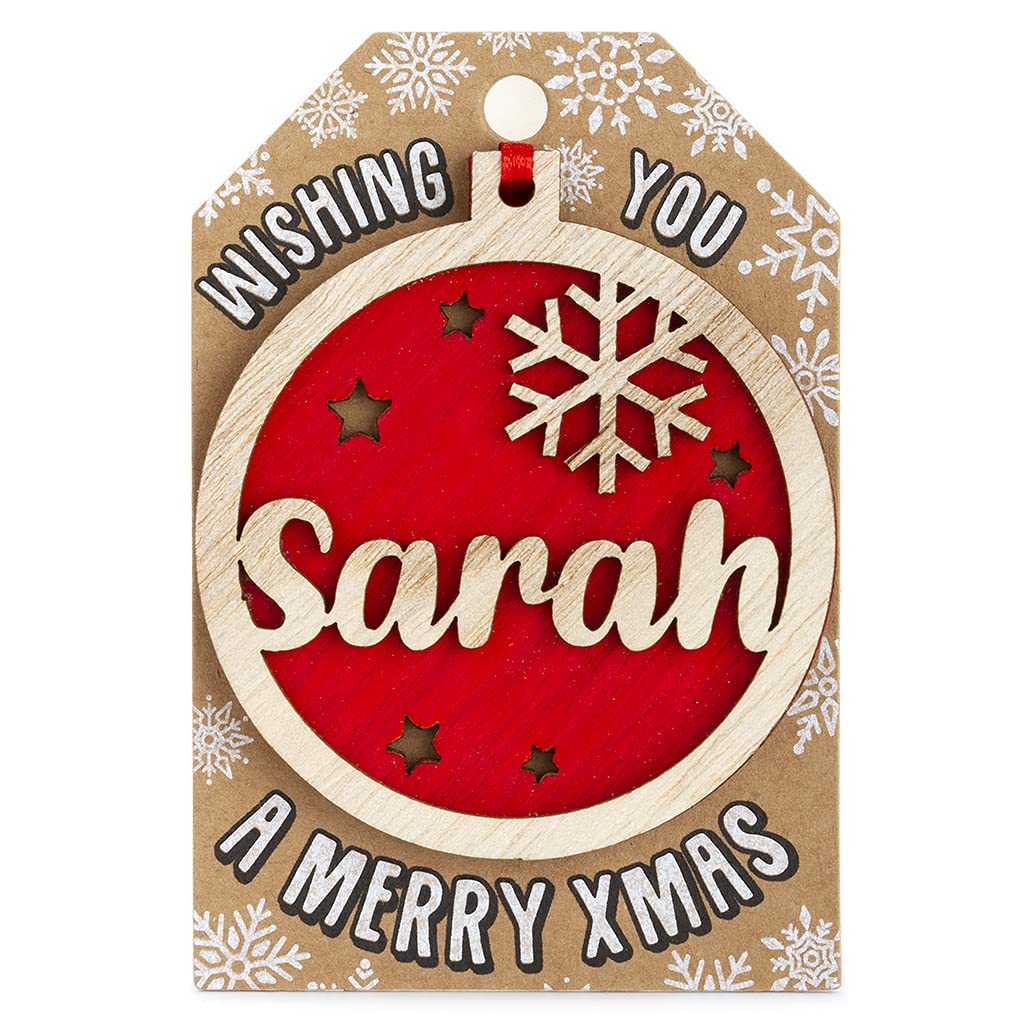 Personalised Wooden Sarah Name Red Hanging Christmas Tree Bauble Decoration