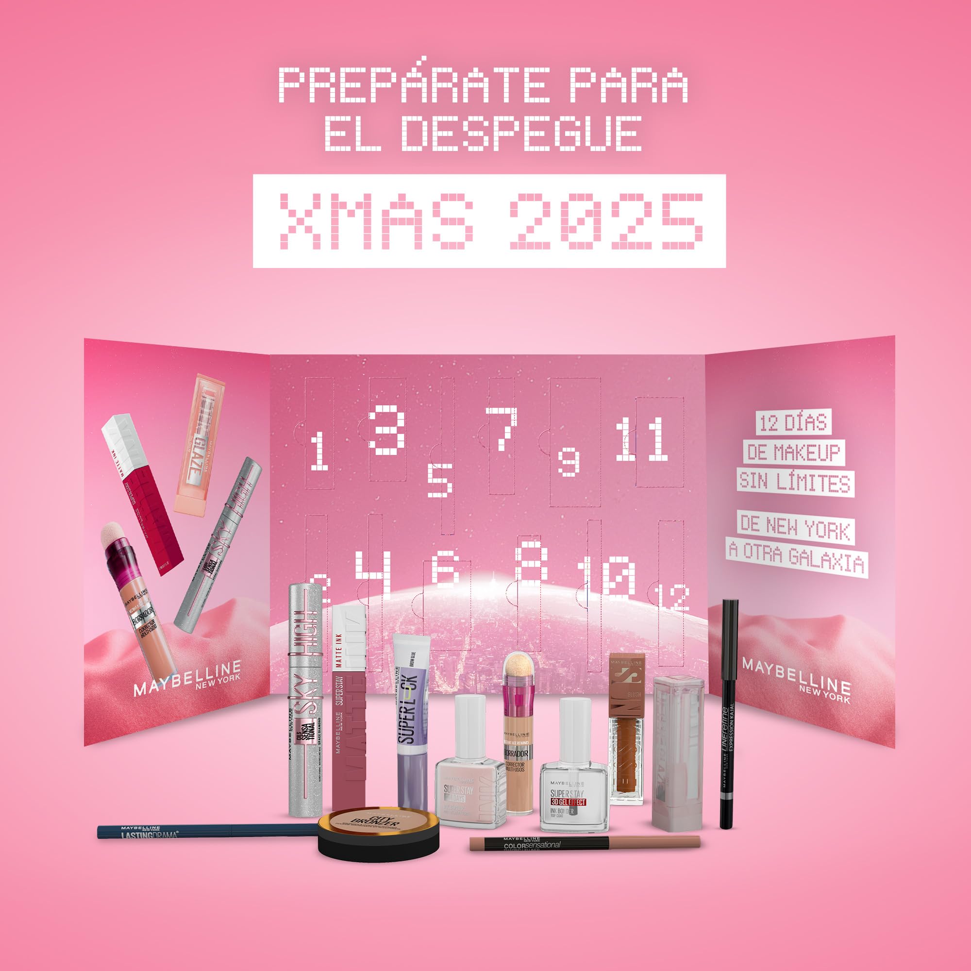 Maybelline New York, Calendario de Adviento 2025, Edición Limitada, 12 Productos, Maquillaje para Ojos, Labios, Rostro y Uñas, Acabados Profesionales y Duraderos