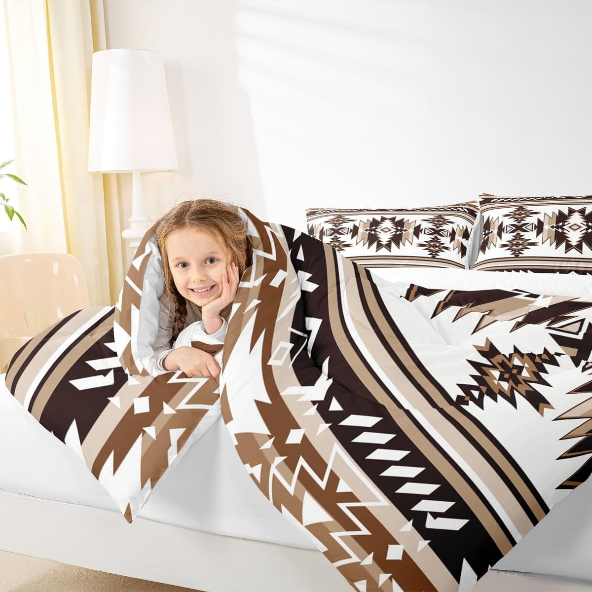 Manfei Aztec Print Kids Comforter Set Queen Size,Western Cowboy Southwest Tribal Bedding Set,Boys Girls Adults Room Decor,Abstract Geometric Patchwork Qulit Set,Brown Retro Duvet Insert,2 Pillowcases