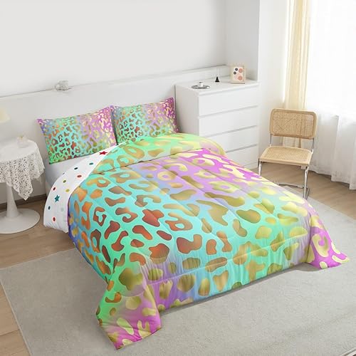 Miniatura 4 de Juego de ropa de cama con estampado de leopardo arcoíris tamaño King, juego de edredón de animales africanos, inserto de edredón elegante de