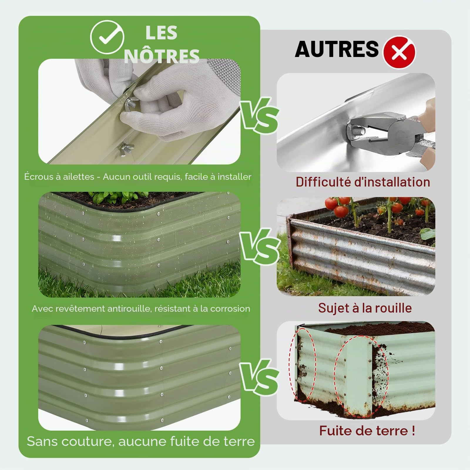 INNO STAGE Lot de 2 jardinières surélevées réglables en métal de 1,5 m pour cultiver des légumes, des herbes, des fleurs en acier, vert olive