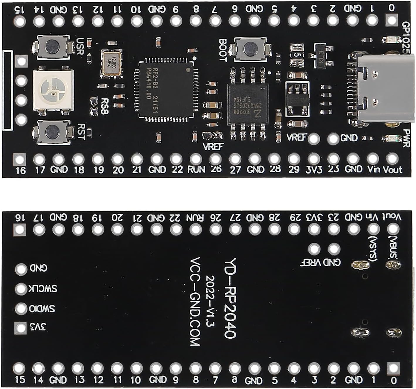 Bottom view of the DWEII RP2040 Core Board showing manufacturer details YD-RP2040 VCC-GND.COM