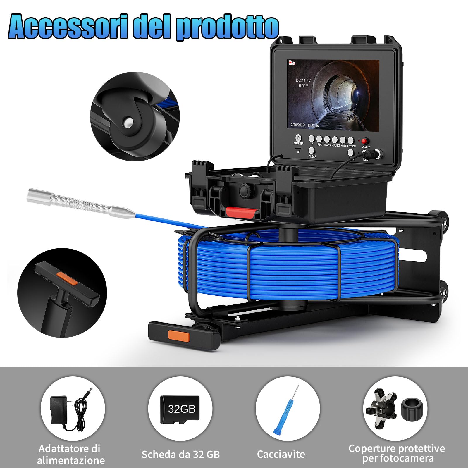 Telecamera di Ispezione 50m con DVR, Sonda con Telecamera Contatore di Distanza, Display a IPS da 9", Videoispezione per Tubazioni Impermeabile, Telecamera Endoscopica, Cavo di 7 mm più spesso