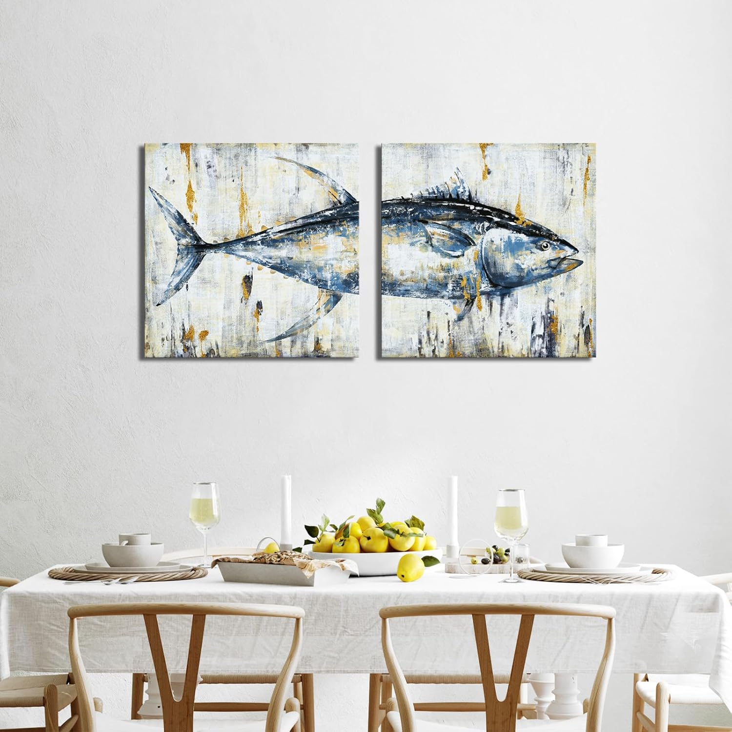 Saypeacher Tuna Fish Canvas Wall Art Sealife Art Decor Rustic Vintage Ocean Life Coastal Painting Pictures (24"x24"x2pcs)