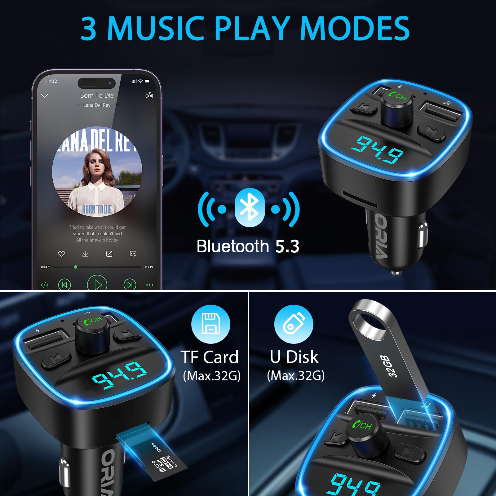 ORIA Samochodowy adapter Bluetooth, nadajnik FM Bluetooth 5.3 do radia samochodowego z podwójną ładowarką USB, połączenia bez użycia rąk, obsługa odtwarzacza muzycznego karty TF i dysku USB (w