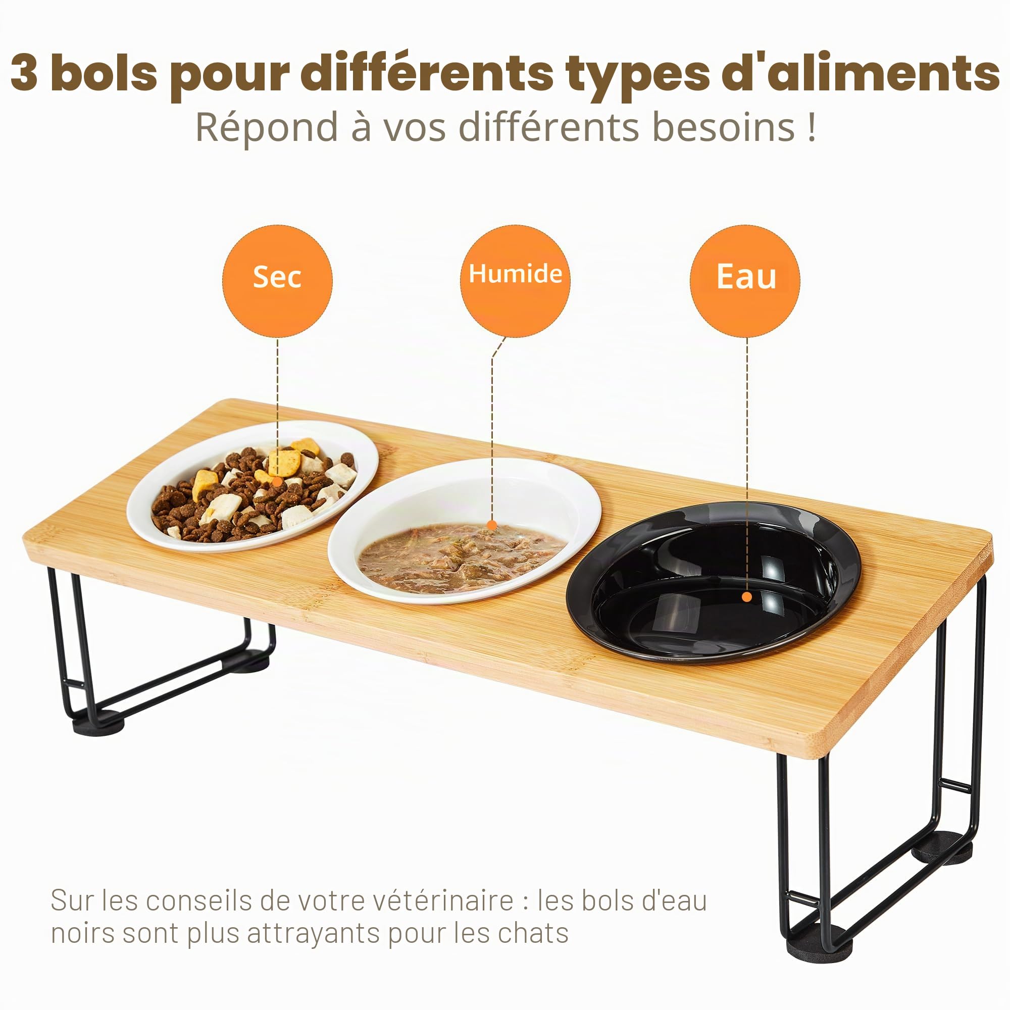 Gamelle Chat Surélevée - 3 Bols Céramique de Nourriture Avec Support 15° Incliné et Tapis - Pour Chats et Petits Chiens