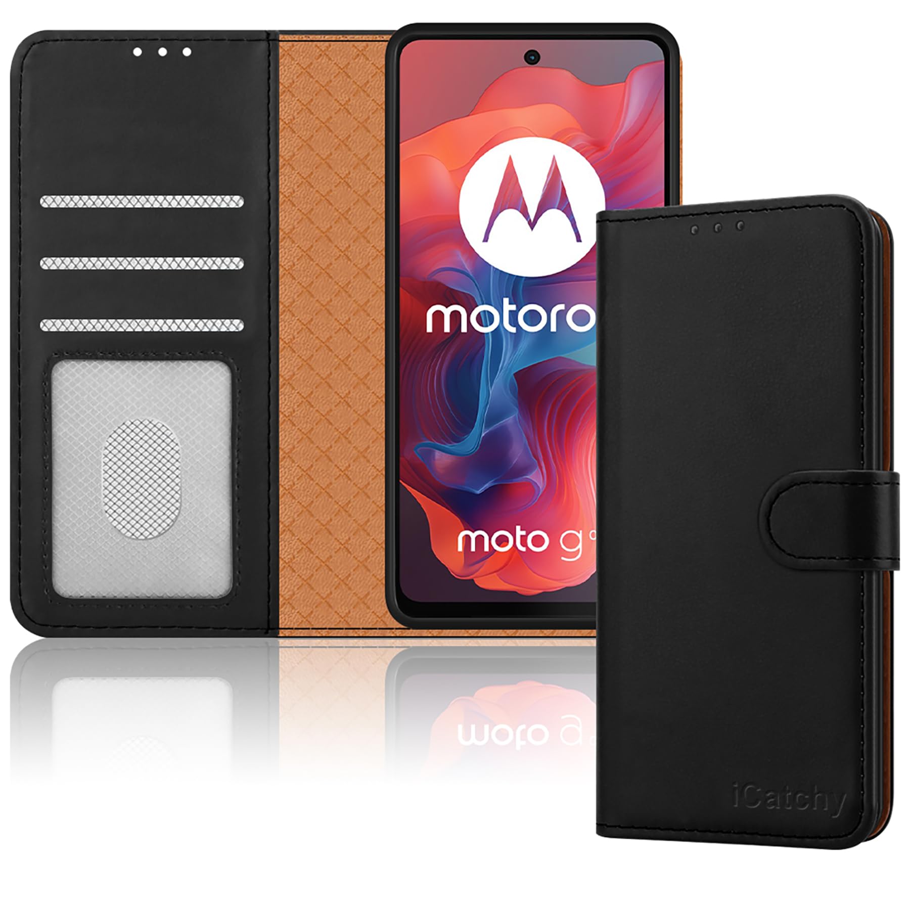 iCatchy Case for Motorola Moto E14 / G04 / G24 Leather Wallet Book Flip Stand View Magnetic Protect RFID Blocking Shockproof Cover compatible with Motorola G04 / E14 Phone (Black)