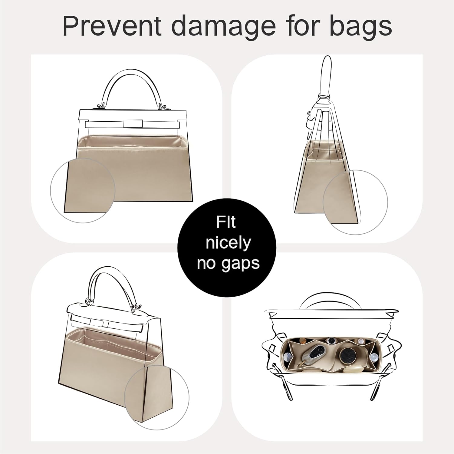 Purse Organizer Insert Silk fabric for Women Handbags&Totebag,Bag Organizer with Zipper Compatible with Kelly (Kelly25 with Zipper,Champagne)
