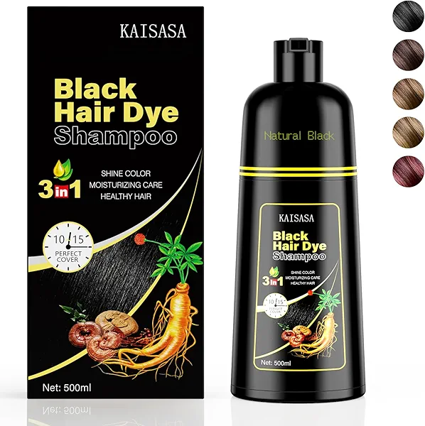 KAISASA Black Hair Dye Shampoo 3 in 1, Hair Color Shampoo for Women and Men, Hair Dye to Cover Gray Hair, Herbal Ingredient Shampoos for Grey Hair Coverage 500ml (Black)