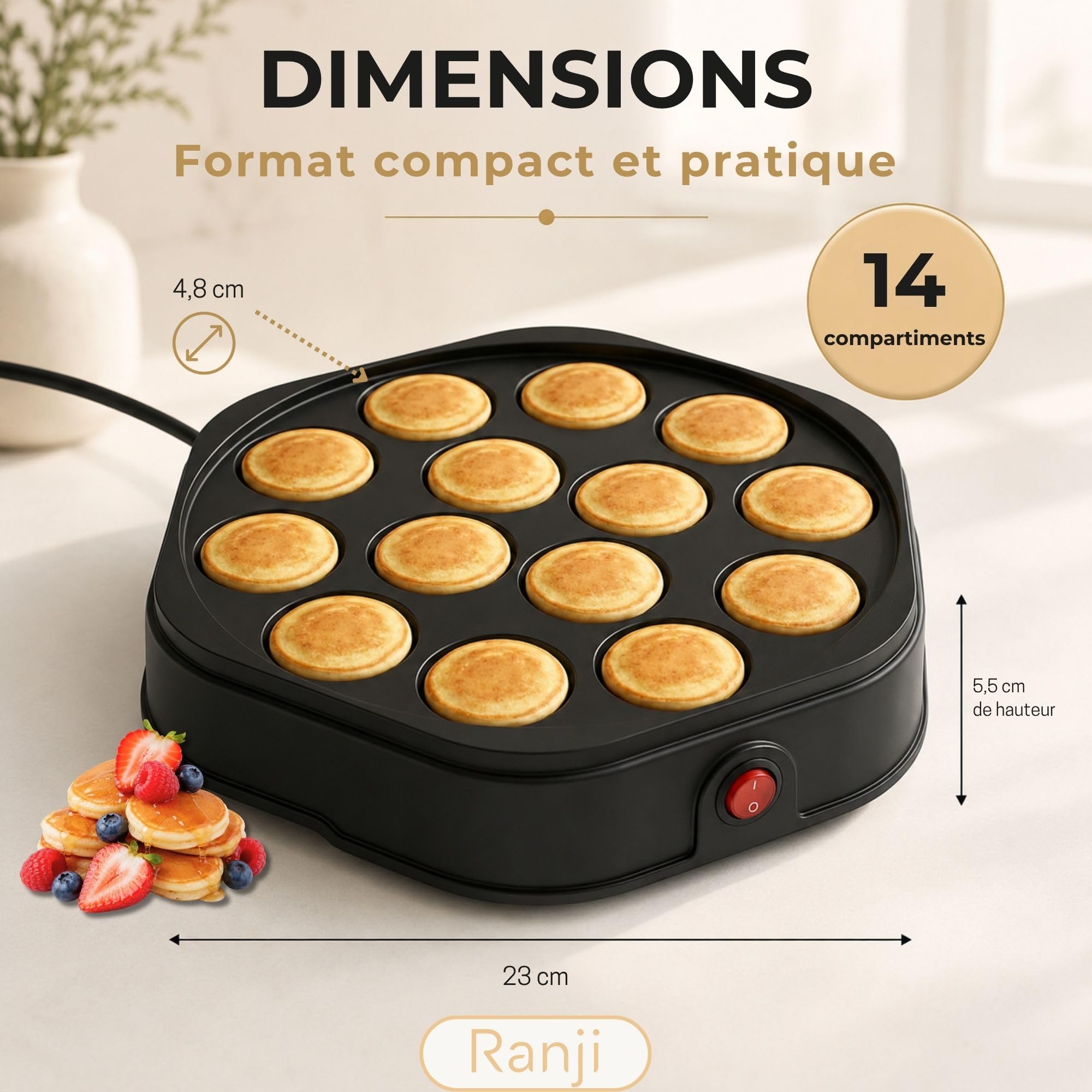 RANJI Machine à Mini Pancakes 14 Cavités avec Plaque Antiadhésive