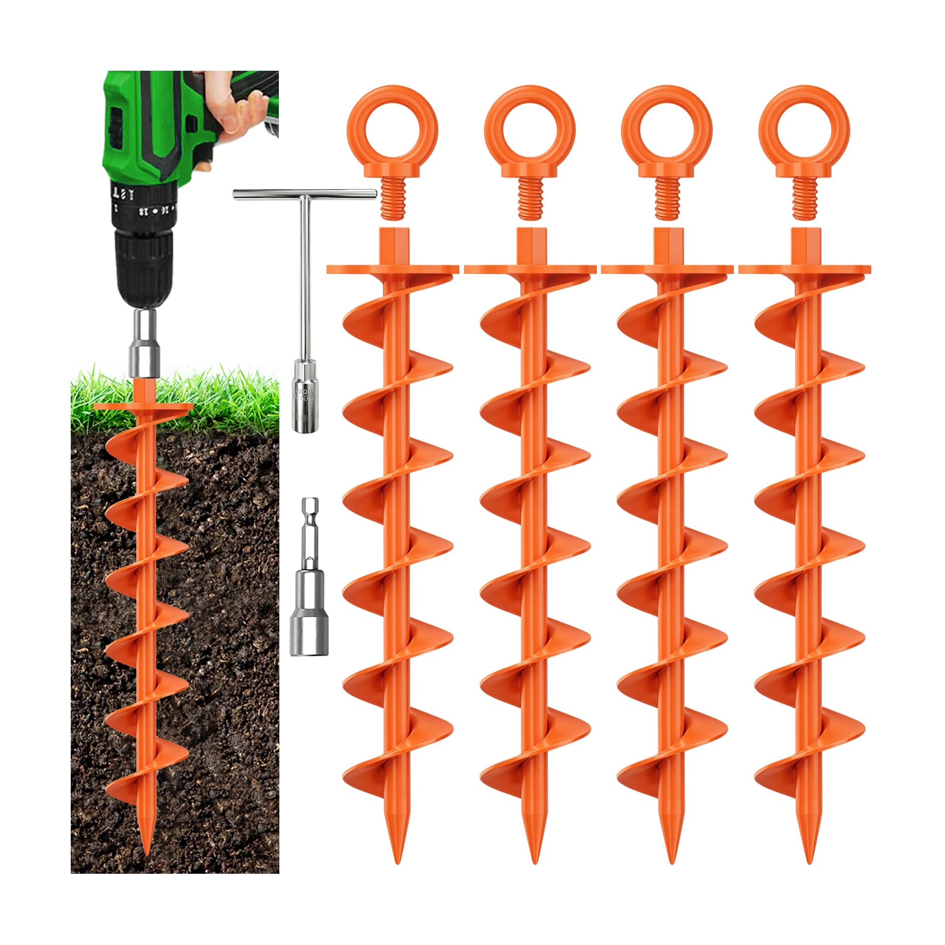 Eurmax USA 4-Pack Heavy Duty Removable Full Spiral Screw in Ground Anchors, Anti-Rust Earth Auger Screw Stakes with Drill Adapter &amp; T-Handle Wrench for Trampoline, Canopy, Tent, Swing Set (Orange)