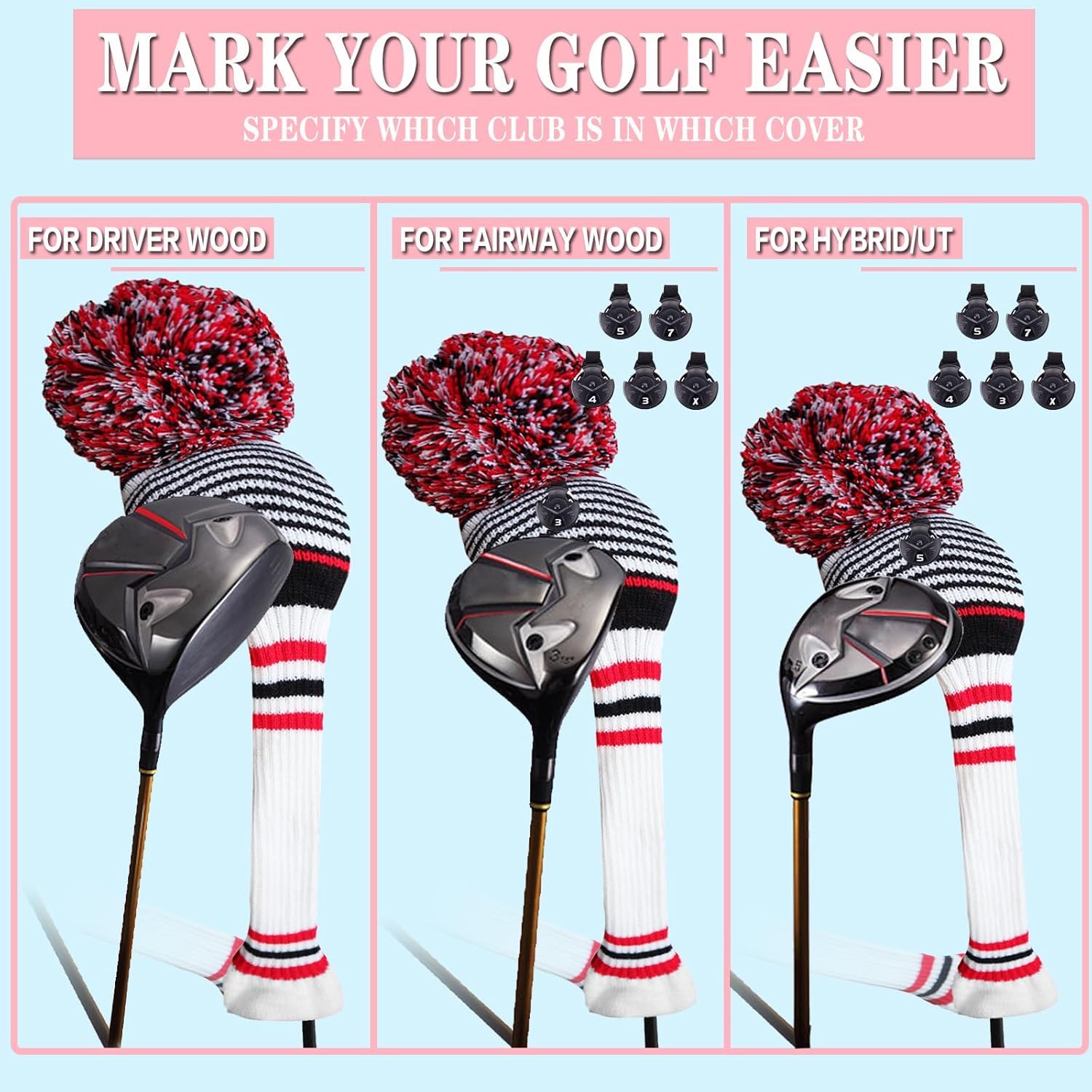 3 or 4 Pack Pom Golf Head Covers for Woods 1 3 5 Driver Fairway Hybrids Golf Wood Head Cover Set with Number Tag Knitted Golf Head Covers
