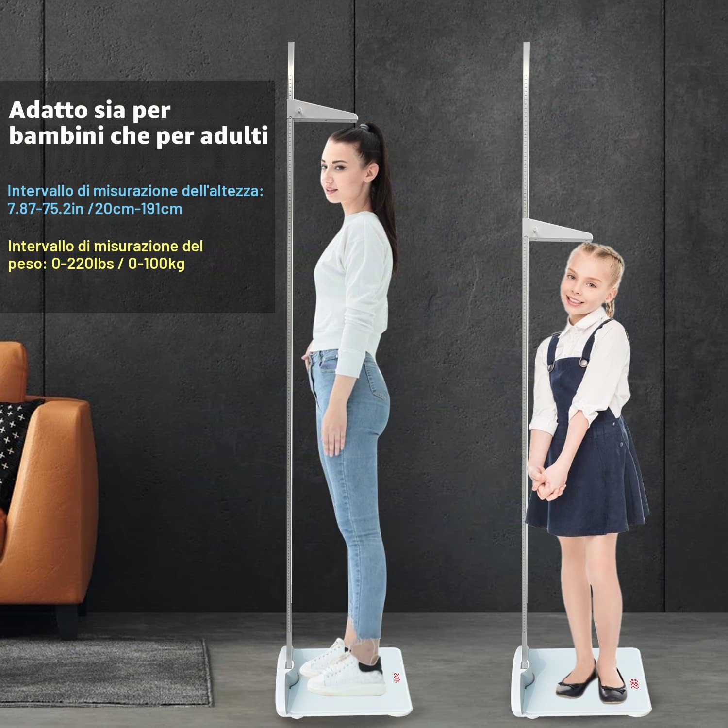 Bilancia di altezza e peso, piattaforma digitale combinata con telemetro portatile staccabile, peso massimo 99,8 kg, altezza asta 191 cm, bilancia medica per bambini e adulti