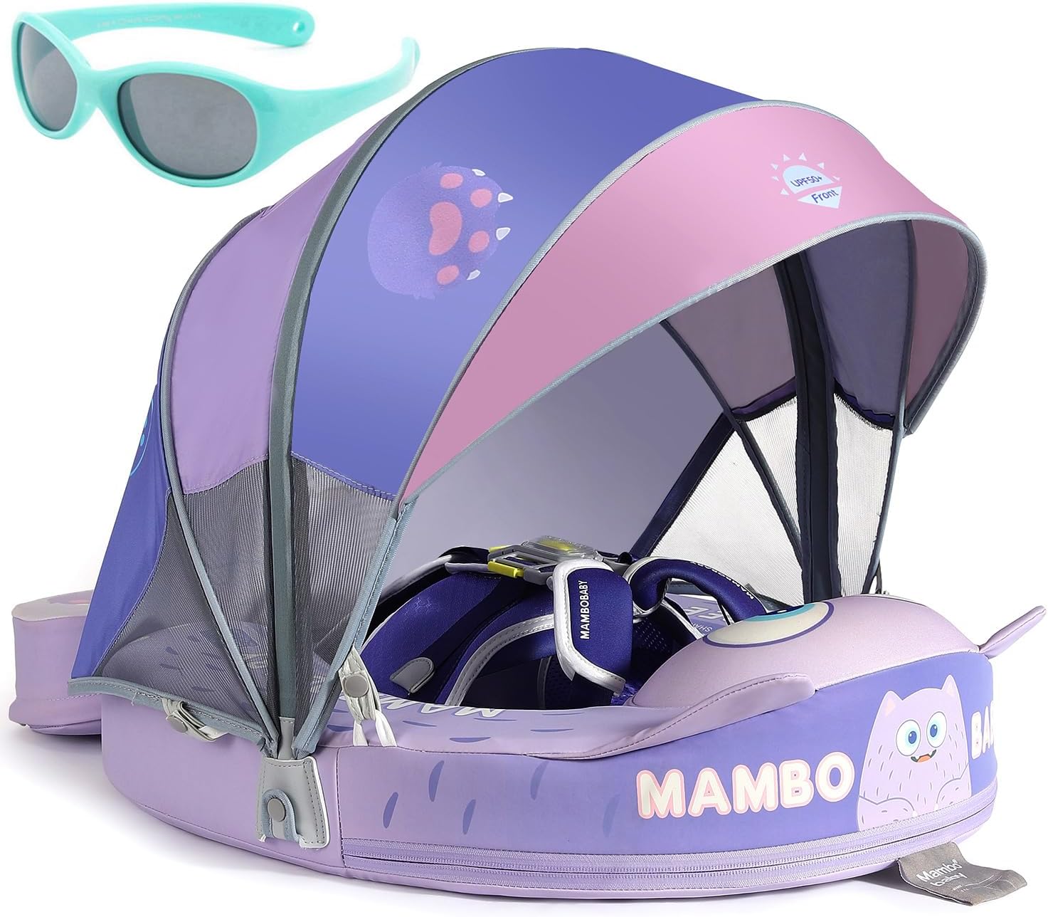 Mambobaby Float with Canopy and Tail New Upgraded Non-Inflatable Baby Pool Float Mambo Float Swim Trainer Solid Infant Swim Float Adjustable Pearl Foam Baby Swim Ring Monster Purple