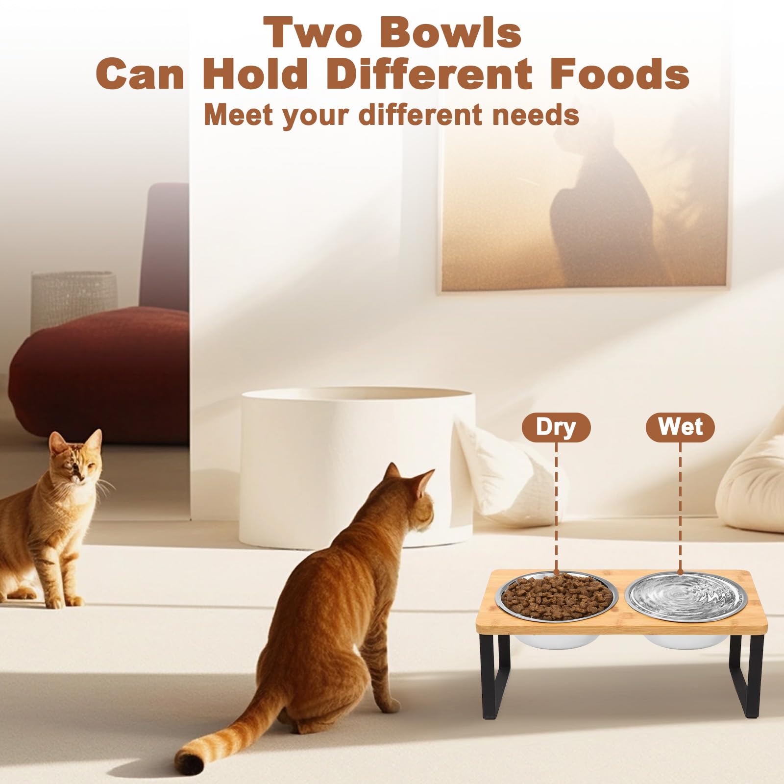 Comedero Gato Elevado con Soporte Bambú & Antideslizante Alfombrilla, Cuencos Perro 250ml Acero Inoxidable Dos, Soporte Madera Inclinado 15º, Comederos para Gatos y Perros Pequeños