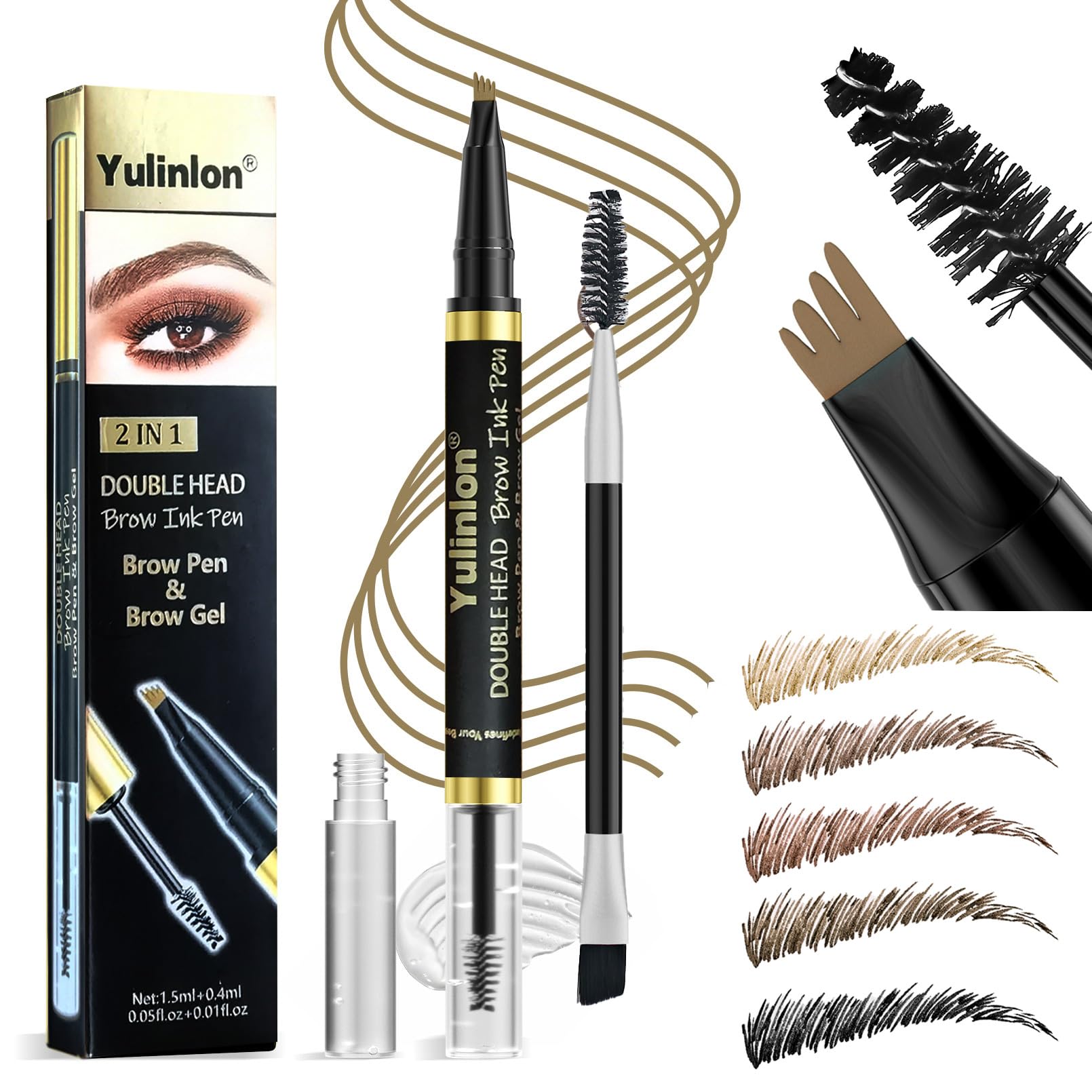Yulinlon 2-in-1 Double Head Eyebrow Pen and Gel, Waterproof Brow Makeup with Dual-Ended Applicator (1#Light brown)