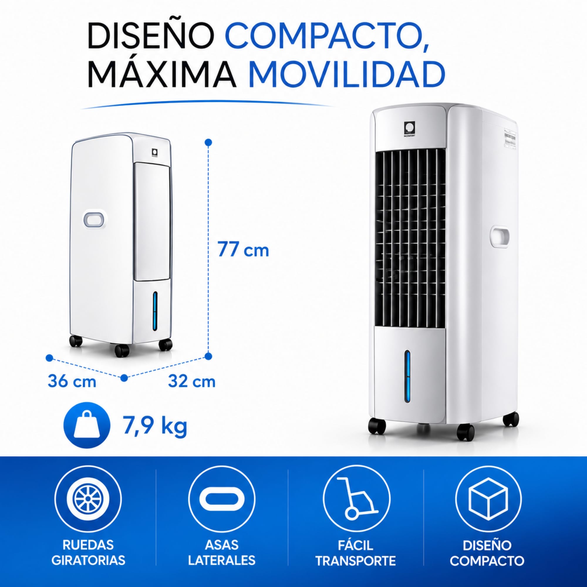 Vonala Climatizador Evaporativo con Calefacción E1100C – Enfriador de Aire Portátil 3 en 1, Depósito 10L, 6 Velocidades, Mando a Distancia, 130W, Cobertura 25m²