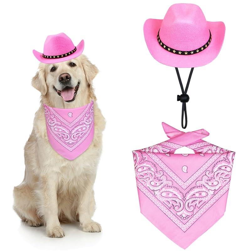 Fantasia cowboy para cães com chapéu e bandana de feltro e poliéster PAYHTOW, Rosa, tamanho Grande