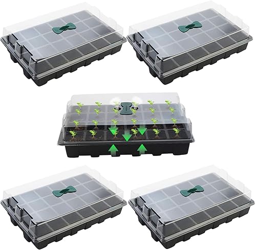 JIAQUAN Paquete de 5 bandejas de semillas de 120 celdas, bandeja de inicio de plántulas, kit de inicio de plantas ajustable con cúpula y base,