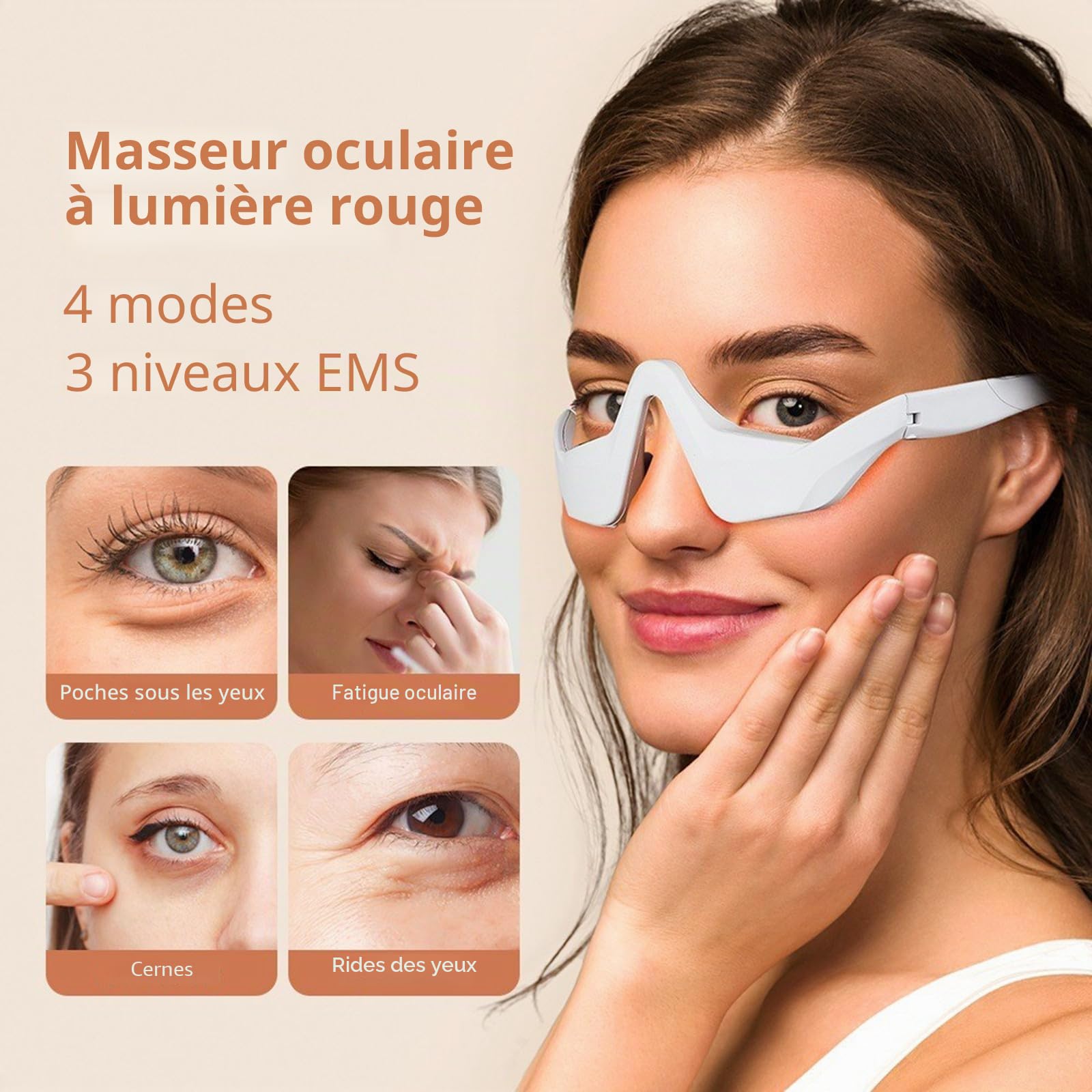 Lunettes de thérapie par lumière rouge - Masque pour les yeux - Thérapie infrarouge LED - Masseur pour les yeux - Pour réduire les cernes, les gonflements, les rides, enlever le sac