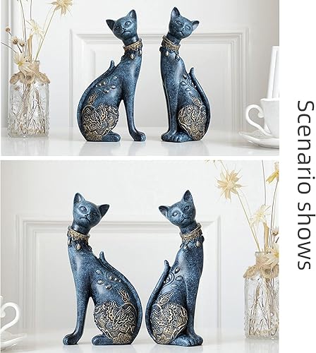 Miniatura 7 de Juego de 2 estatuas de gatos  Decoración del hogar, figuras de pareja de gatos para sala de estar, regalo de boda (azul)