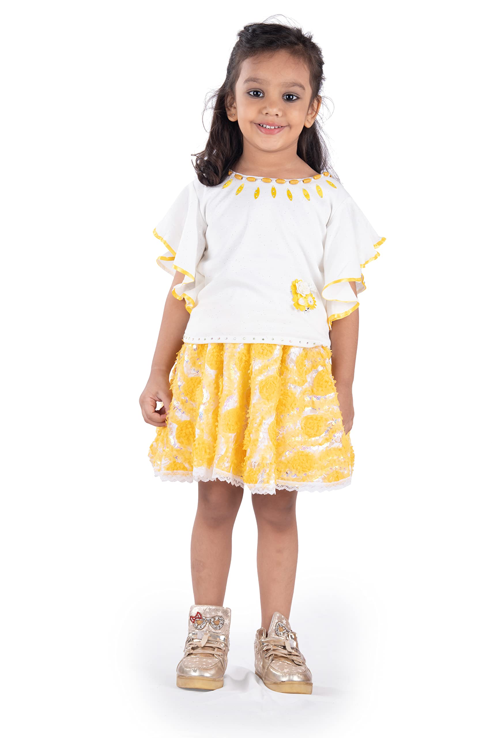 Kidoz Girl's Set of Bell Sleeved Shiny Top and Extra Flary Net Skirt with Sequines ( Lemon)