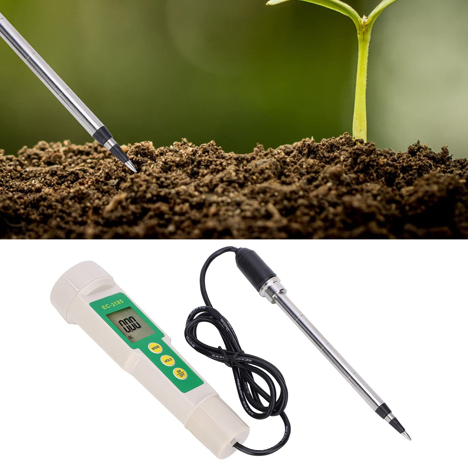 LiebeWH Medidor de Suelo Portátil 3 en 1 EC CF TDS con Sonda de Acero Inoxidable Pantalla de Visualización para Medición de Salinidad en Agricultura y Jardinería