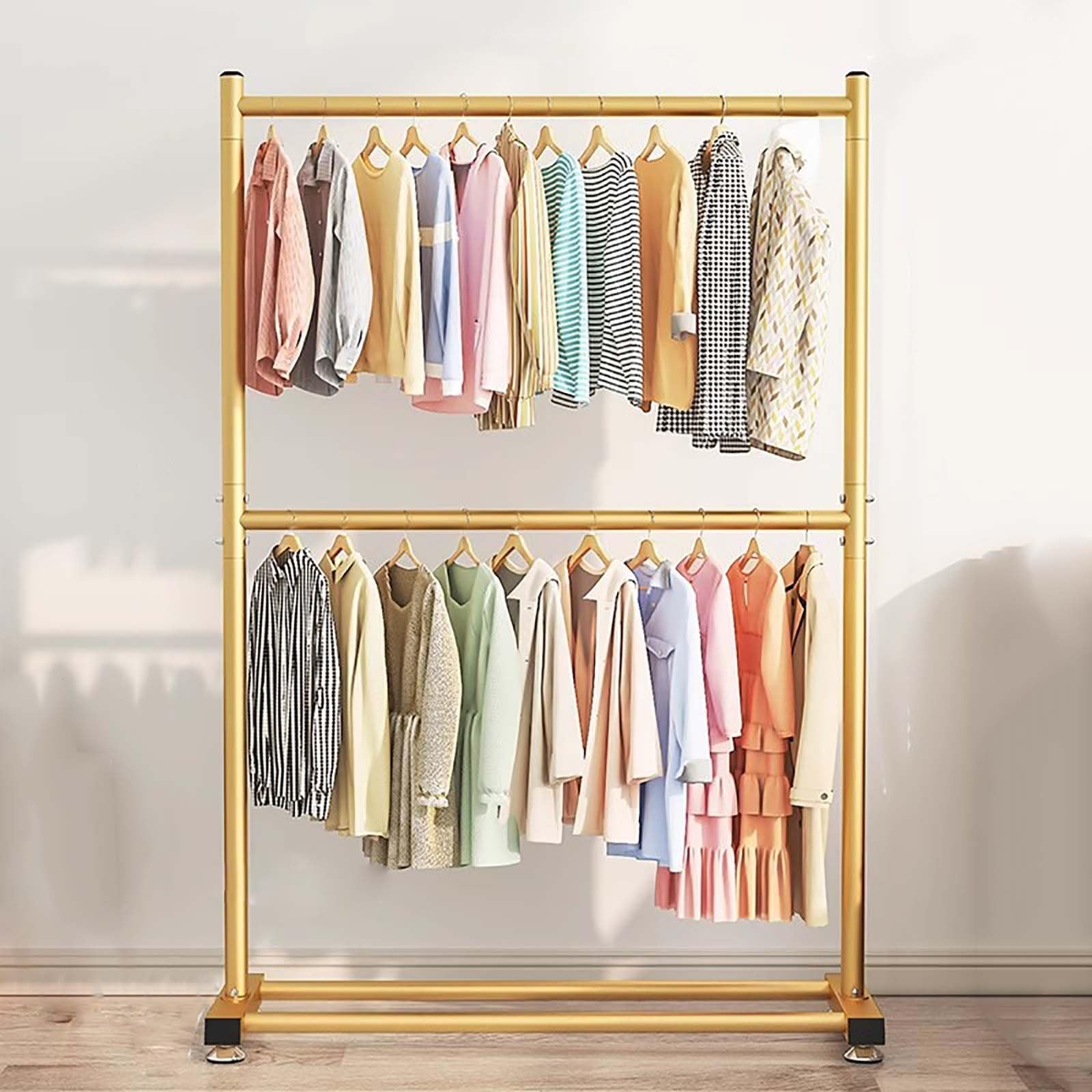 YNBSHGAA Double Clothes Rack, Heavy-Duty Metal Structure, Portable Wardrobe with Storage Shelf, Sturdy Garment nizer for Clothes, Gold Finish, 120cm/47.3in,Gold-120cm/47.3in