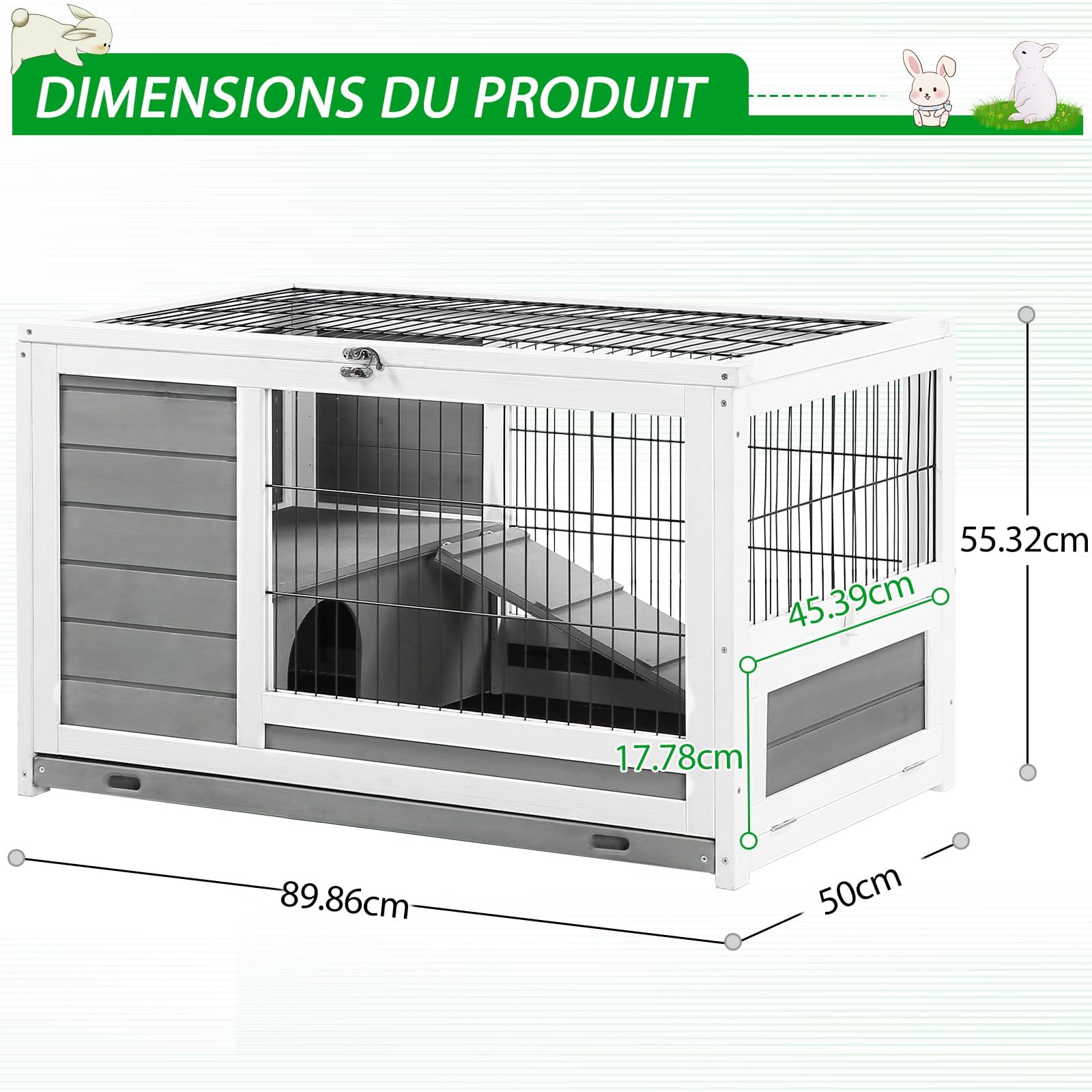 YODOLLA Cage Lapin Exterieur&Intérieur,Clapier Lapin avec Toit ouvrant,Gris | Cage en Bois,Clapier en Bois,90x50x55cm,Clapier à Lapin,Plateau Amovible et Rampe