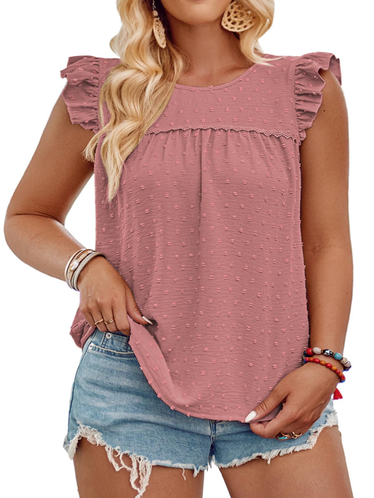 VISLILY Womens-Plus-Size-Summer-Tank-Tops Ruffle Cap Sleeveless T Shirts Crewneck Swiss Dot Blouses Pleated Casual Tee