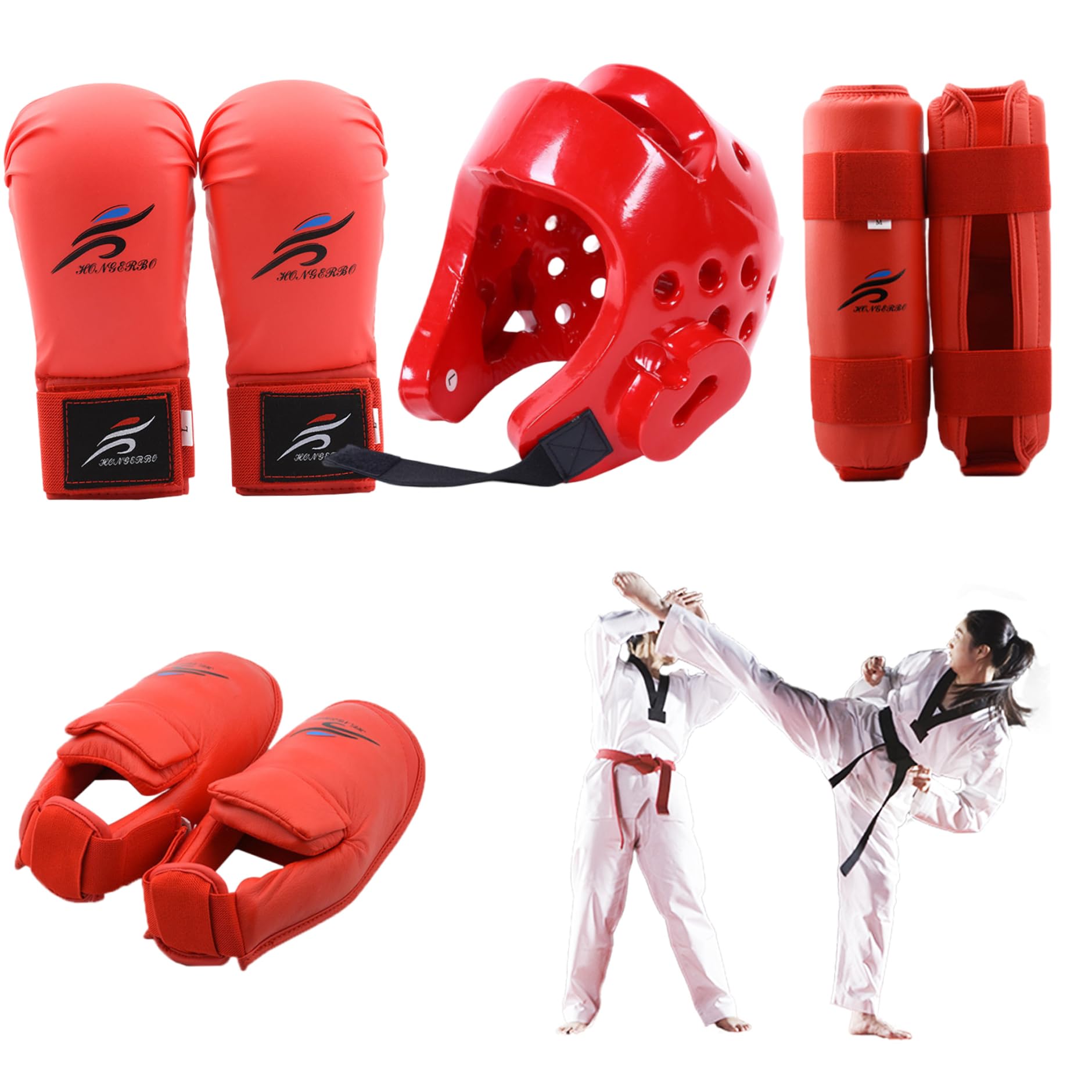 Protectora de engranaje de combate, Karate Sparring Gear Protective Polyester Taekwondo incluye 1 por ciento de casco, 1 par de guantes y par de protección de piernas, también para bicicleta, arte