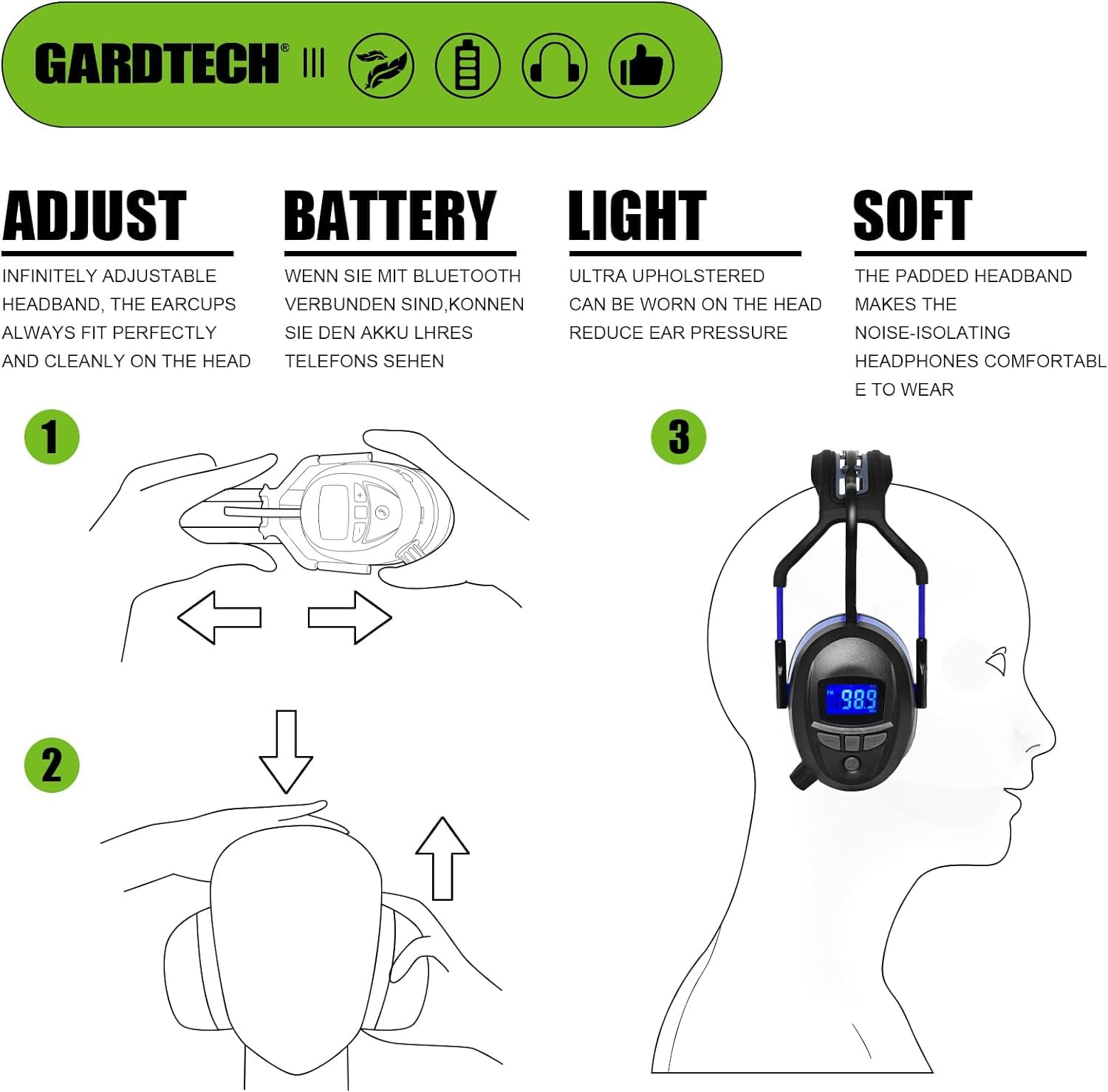 GARDTECH Cuffie antirumore Bluetooth antirumore con radio wireless MP3 FM paraorecchie di sicurezza con display LCD 4 GB SD Card per adulti per giardino lavorazione del legno nero e blu
