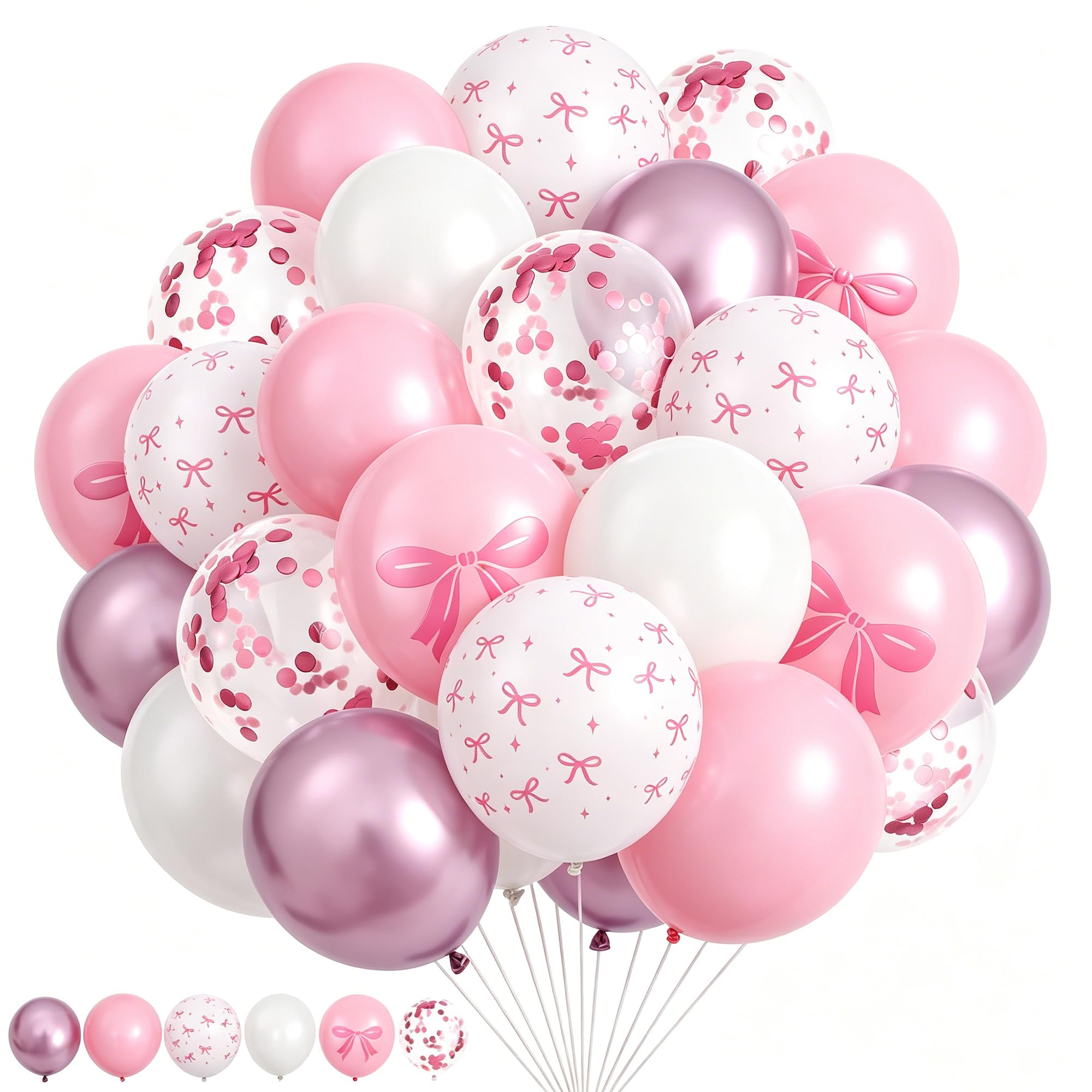 60Pcs Pink Bow Balloons, Pink and White Balloons with Bow Pattern Confetti Helium Balloon Pink Party Decoration for Women Birthday Engagement Wedding Anniversary