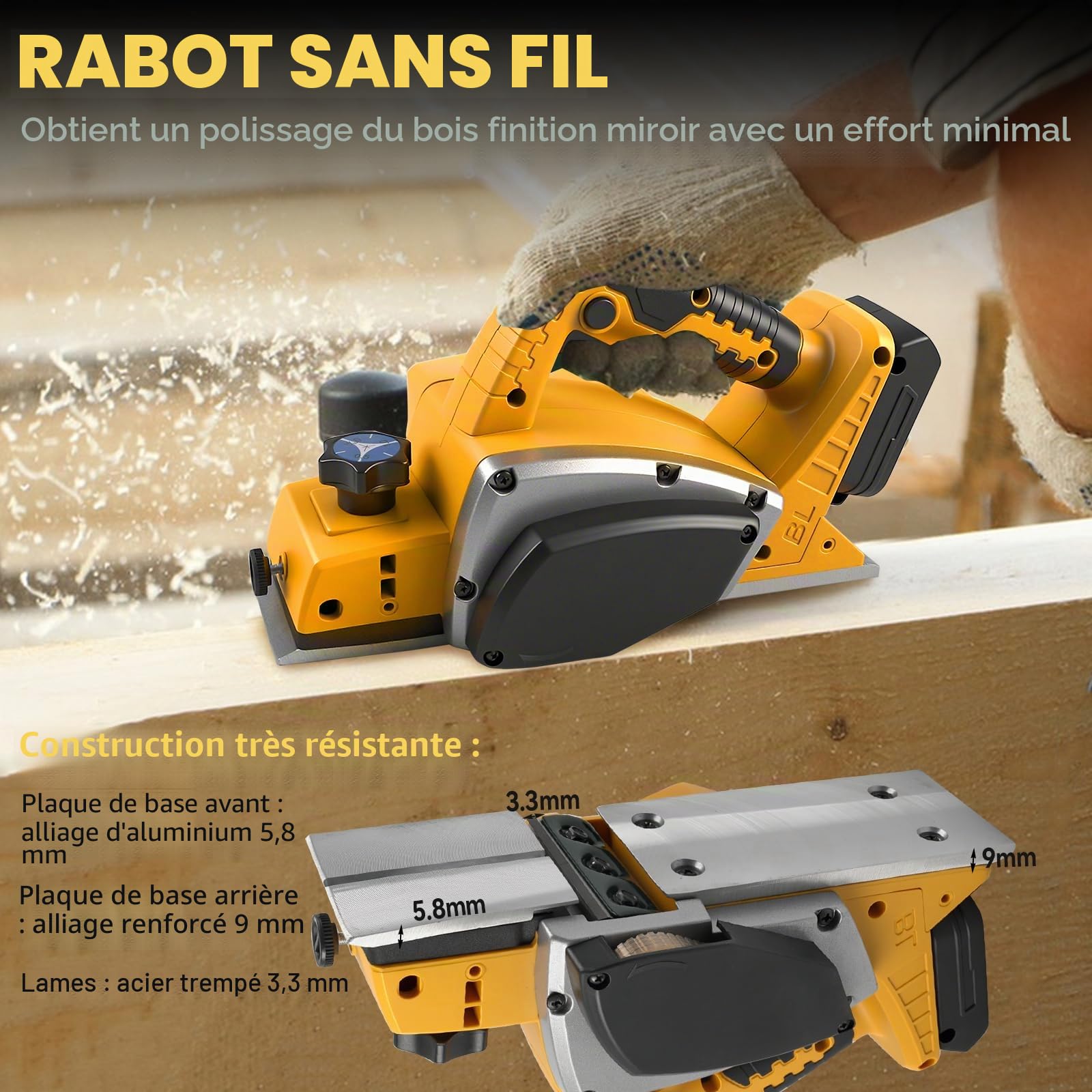 Raboteuse à main sans fil pour batterie Dewalt 18 V 20 V, rabot électrique sans balais 15 000 tr/min, largeur de coupe de 82 mm, profondeur de coupe de 0 à 2 mm, rabot électrique pour le travail du