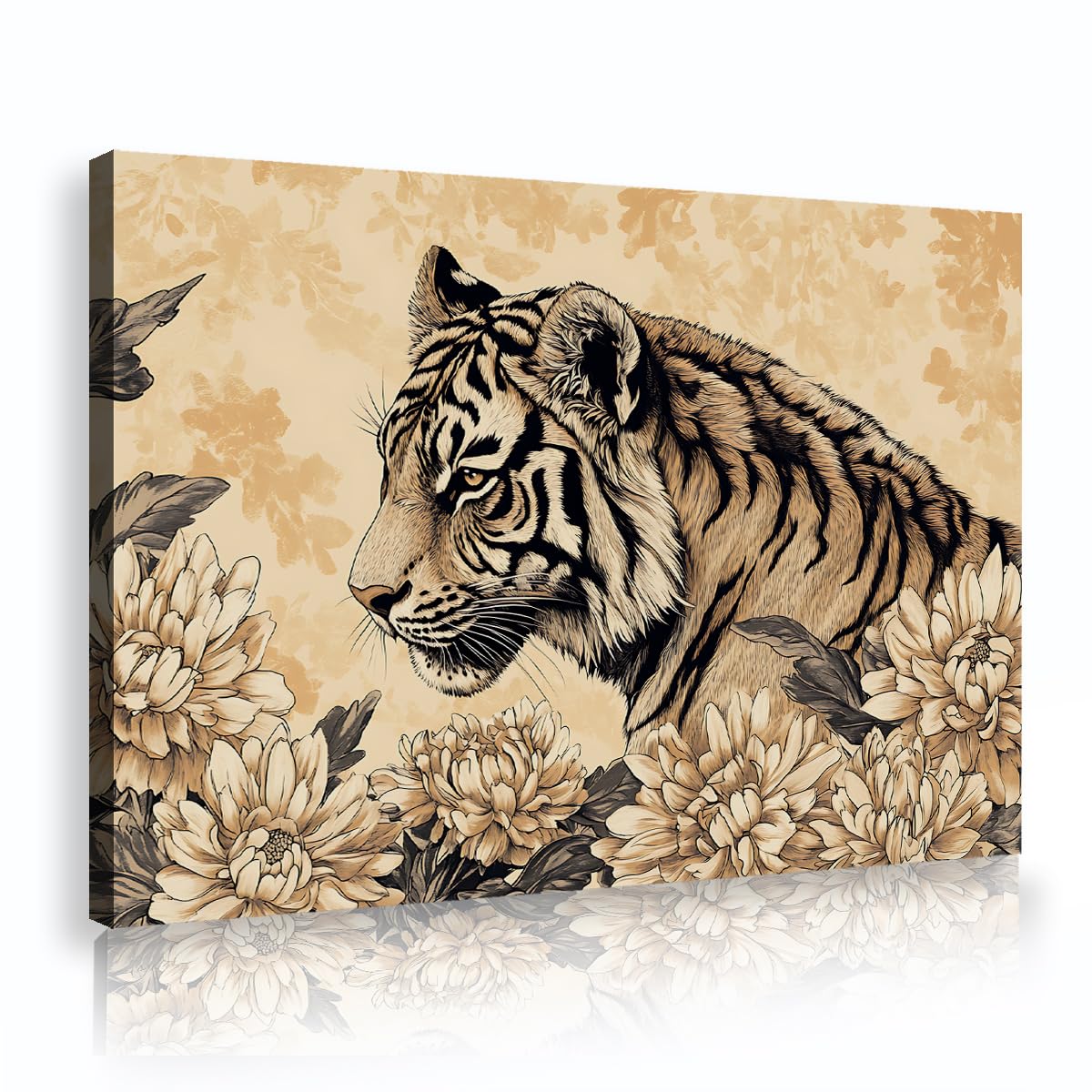 YUNART Arte murale con tigre in stile giapponese poster di fiori botanici vintage stampe su tela per soggiorno camera da letto e decorazioni murali 45x68cm