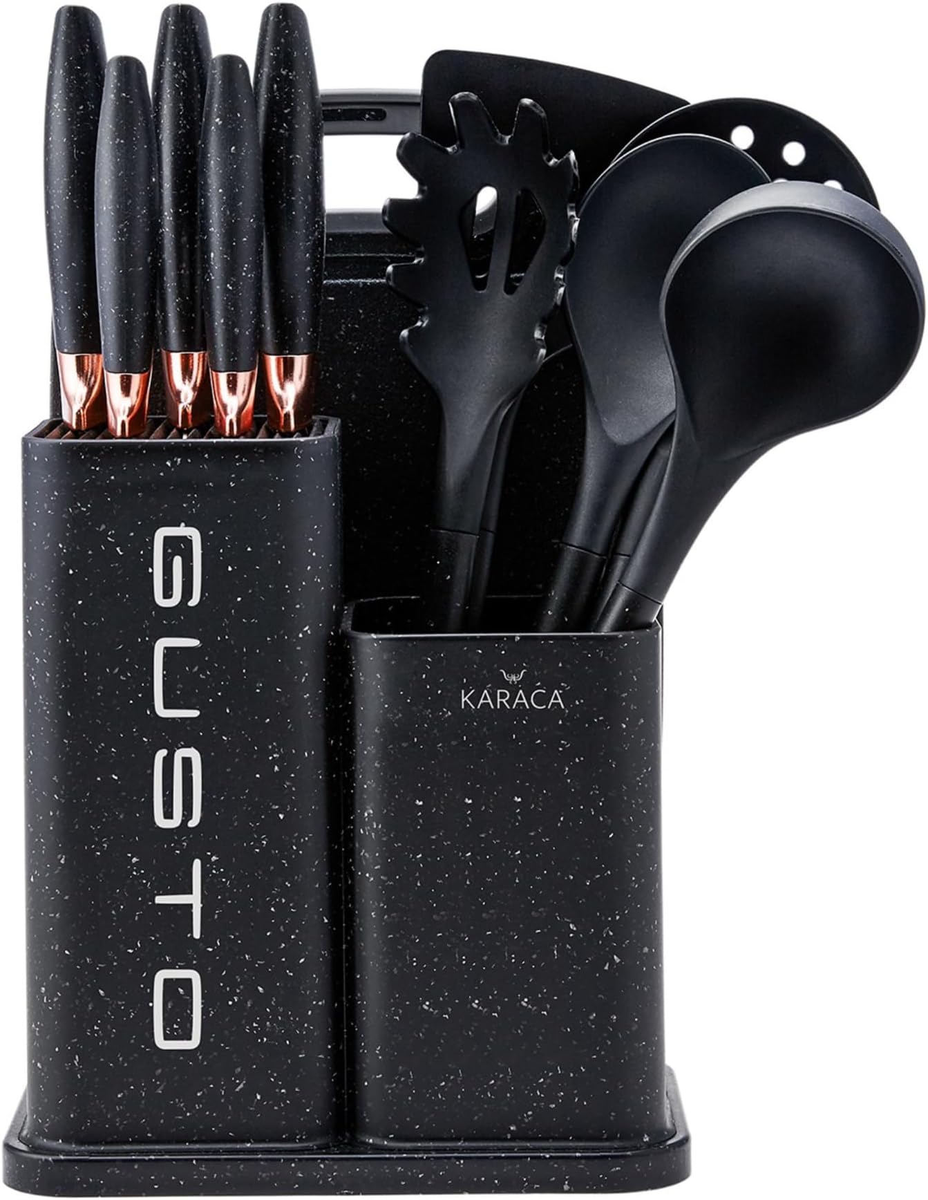 Gusto Knife, Chopping Board and Kitchen Utensil Set with Stand, 12 Pieces, Stainless Steel Knives, Pasta and Serving Spoons, Slotted Turner, Skimmer, Ladle Utensils, Black