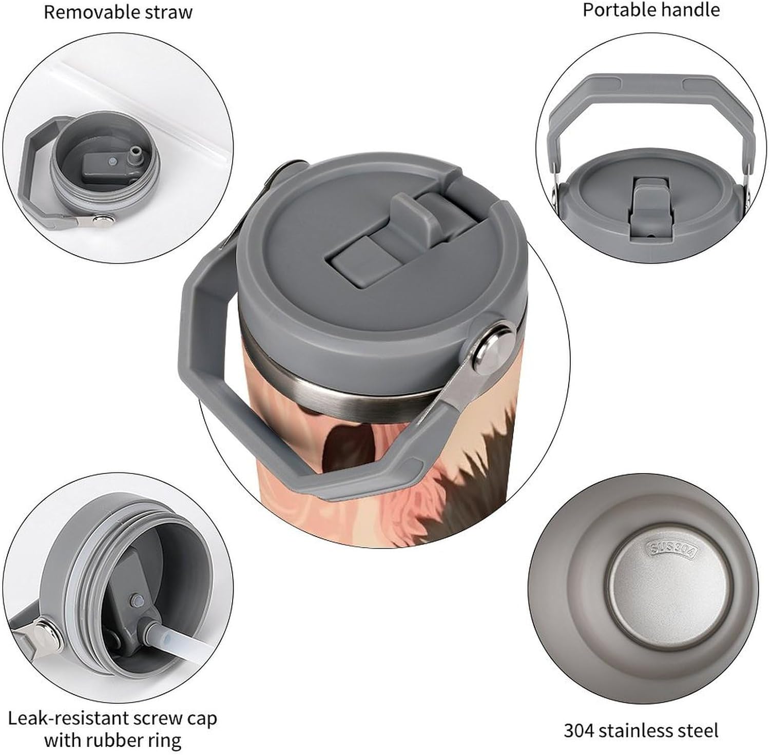 30oz Insulated Tumblers with Top Handle, Stainless Steel Striped Leopard Car Cup with Straw for Gift, Leak-Proof Double Wall Vacuum Travel Mug, Personalized Water Bottles White