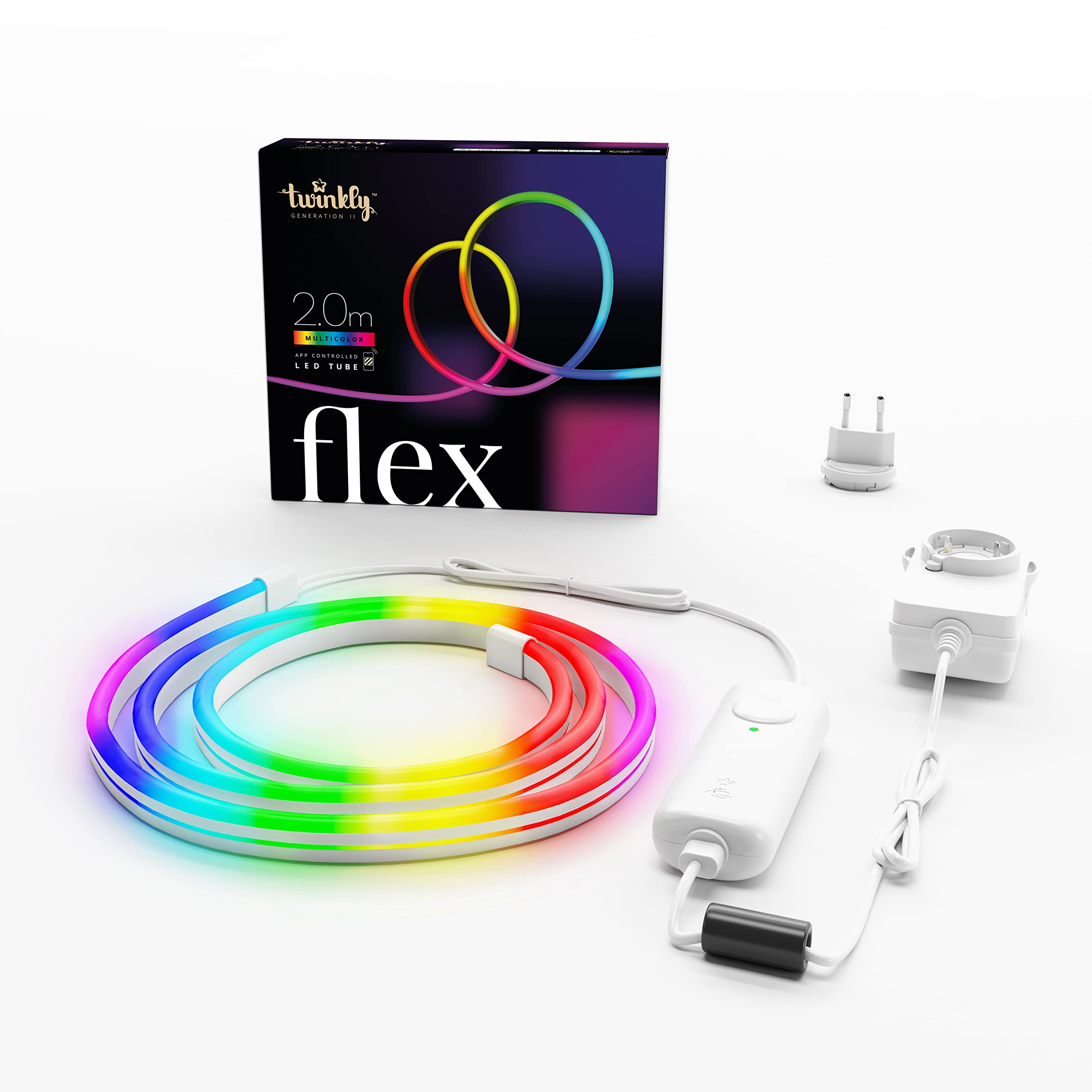 Twinkly Flex 2m, Tubo LED Multicolore, Striscia LED RGB Flessibile, Compatibile con Alexa e Google Home, Luci Gaming, 16M+ di Colori, Alimentazione USB C, Controllato da App, Filo Bianco