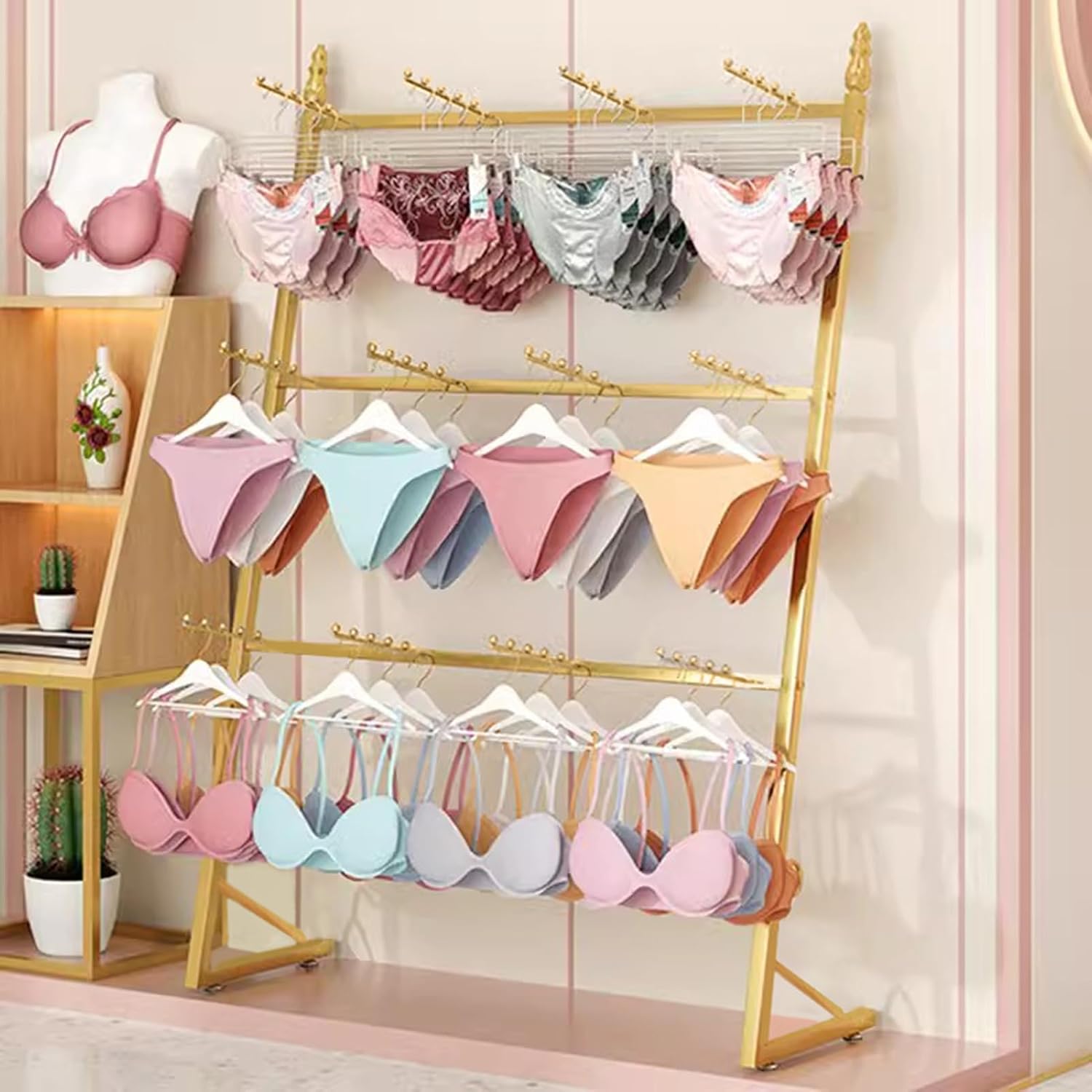 Clothing Store Underwear Sock Display Stand with 12 Hooks | 3 Tier Lingerie Bra Rack Swimsuit Organizer Hanger, Commercial Shelves for Panty Waist Chain Gloves Storage