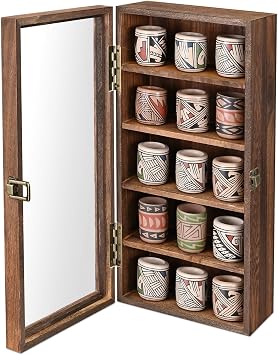 Ikee Design Wall Mounted Wooden Collection Display Case 5 Tier Display Storage Accessories Display with Tempered Glass Door Sunglasses Display Cabinet Wall Shadow Box Brown