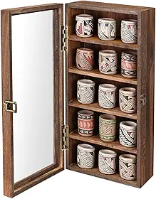 Ikee Design Vitrine colecionável de madeira montada na parede, 5 prateleiras, acessórios de armazenamento com porta de vidro temperado, armário de óculos de sol, caixa de sombra de parede, cor marrom