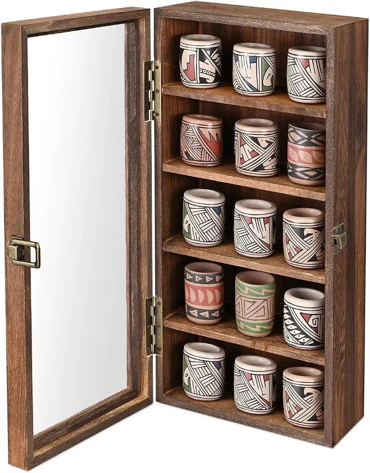 Ikee Design Vitrine colecionável de madeira montada na parede, 5 prateleiras, acessórios de armazenamento com porta de vidro temperado, armário de óculos de sol, caixa de sombra de parede, cor marrom