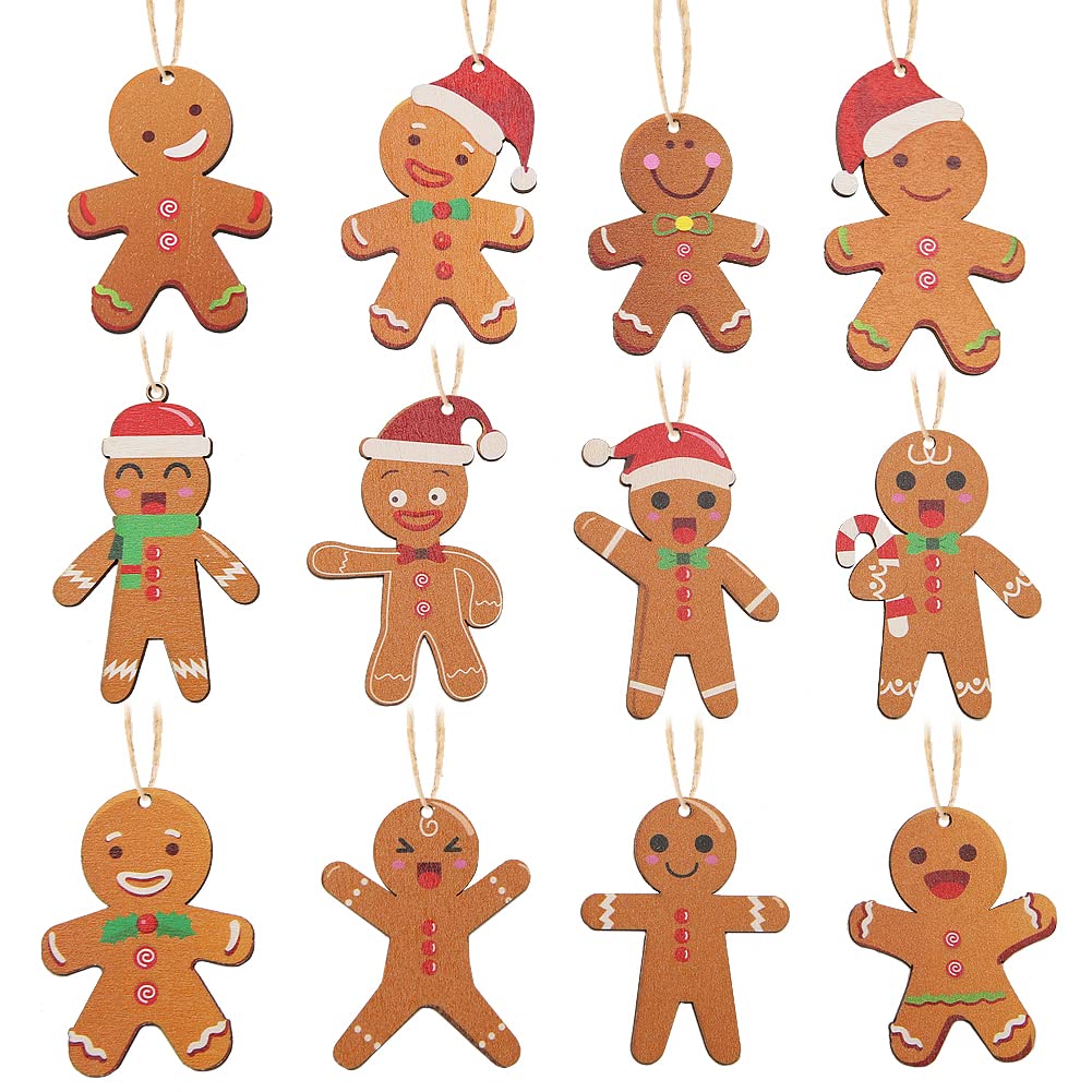 12 Pcs Wooden Gingerbread Man Ornaments,Christmas Tree Ginger Man Figurines Pendant Hanging Decorations with Strings for Xmas Party Favor Supplies Decor