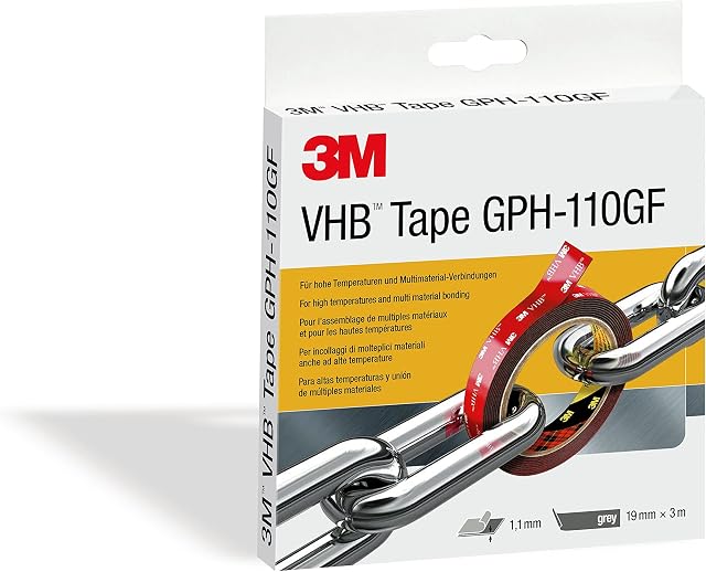 3M VHB GPH-110GF Double Sided Adhesive Tape - Designed to create durable and reliable bonds for high temperatures and multi material bonding - 19mm x 3m, Thickness 1.1mm, Grey (1 Roll)