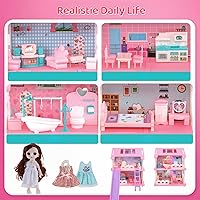 Vista 5 de Casa de muñecas, con sala de estar, dormitorio, baño, muebles de cocina, casa de muñecas de doble cara con 1 muñeca, 3 juegos de ropa, luces