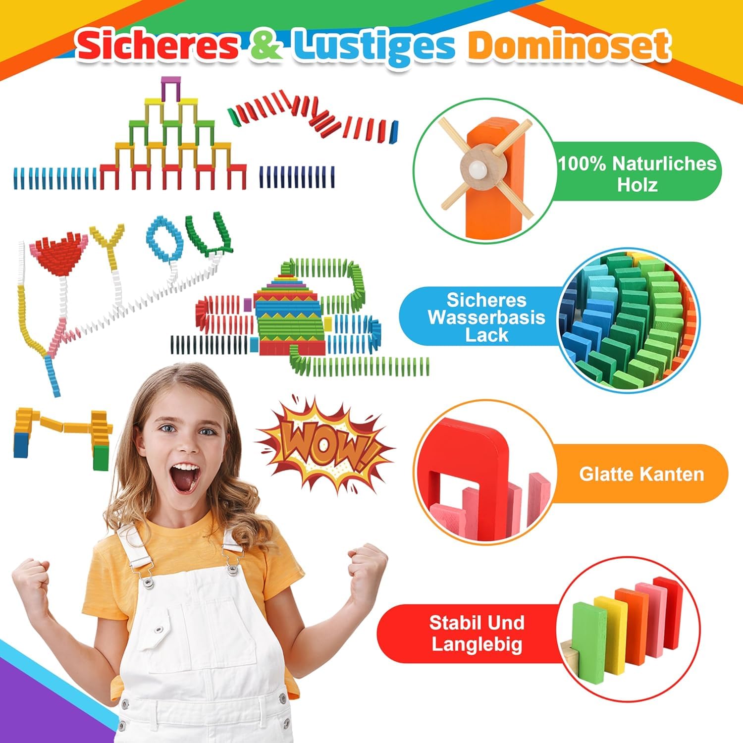 Herefun Domino Madera Juego de Bloques, Juego de Fichas de Dominó de Madera con Bolsa, 24 Bloques de Construcción, Juguete Educativo para Niños 3 4 5 (300)
