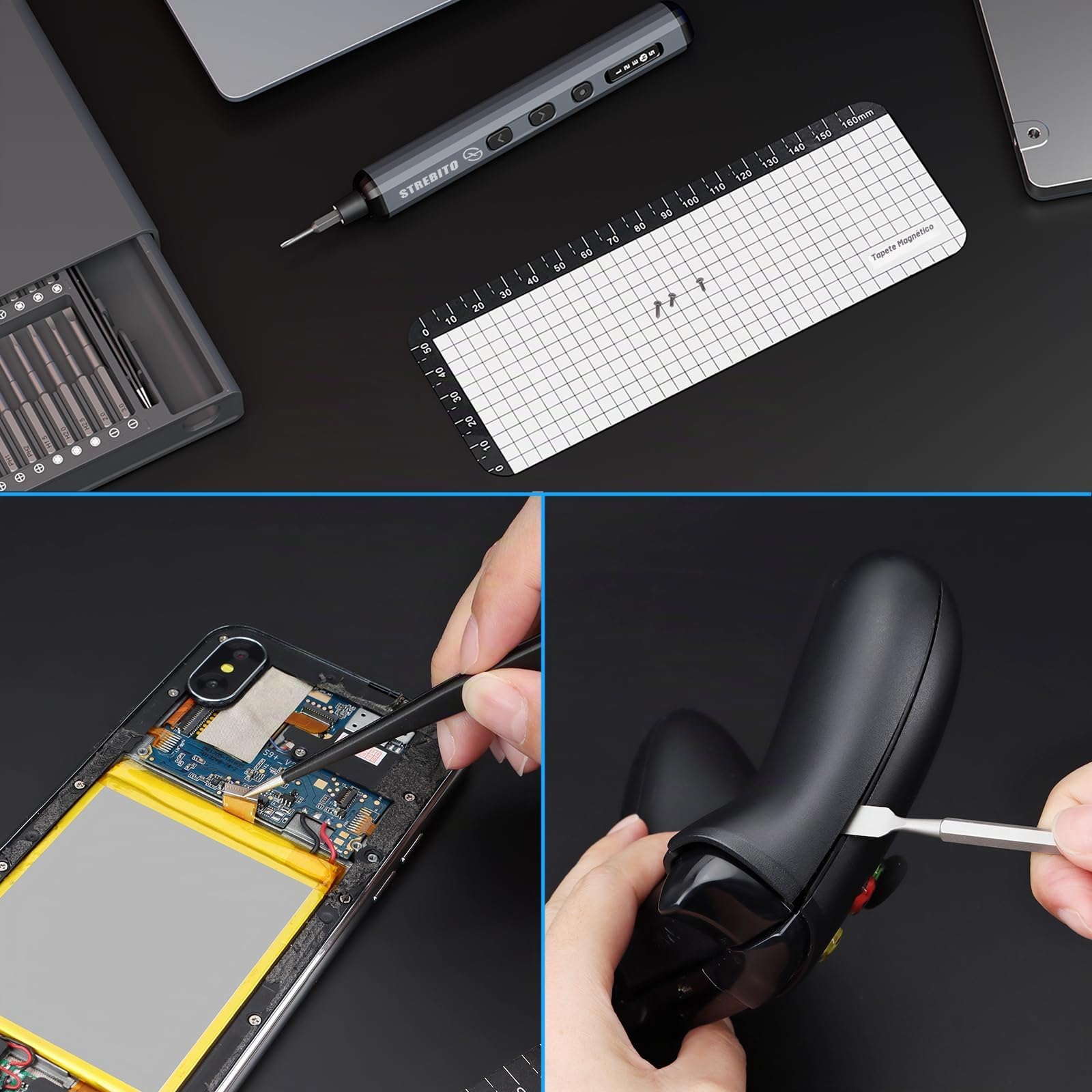 STREBITO Juego de mini destornilladores eléctricos, kit de destornilladores eléctricos pequeños 70 en 1 máximo con luces, 5 par mejorado, 64 puntas magnéticas, destornillador eléctrico de precisión