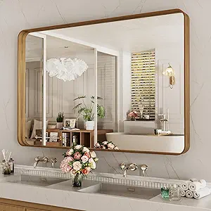 LOAAO 48X32 Inch Bathroom Mirror with Wood Grain Colored Metal Frame, Rounded Rectangle Metal Framed Bathroom Mirror, Anti-Rust, Hangs Horizontally or Vertically, Tempered Glass