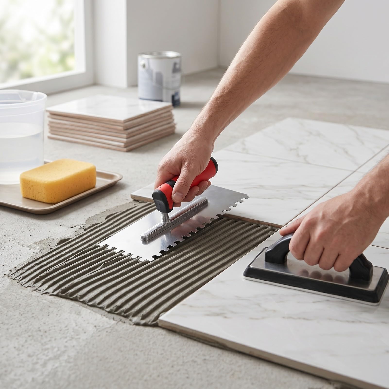 ASHATA Zestaw 3-częściowy Stalowa Paca do Gładzenia Tynku, Stal | Plastering Hand Tools with Rubber Grout Float, Sponge for Wall, Tile, Drywall, Concrete, Leveling, Smoothing
