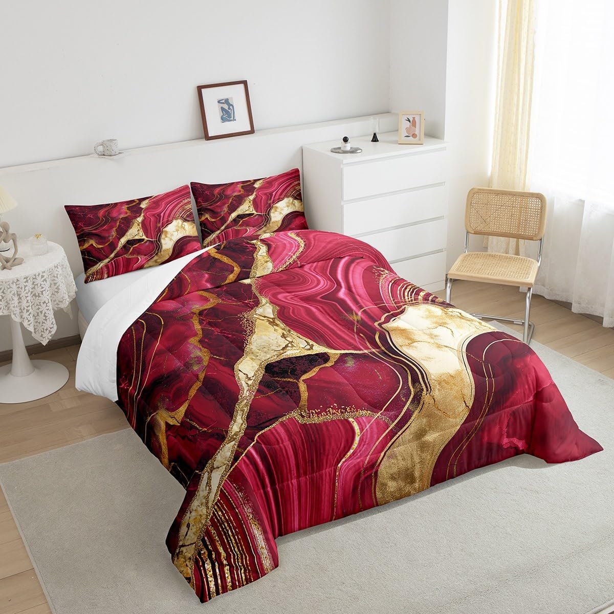 Erosebridal Pink Red Marble Comforter Set Queen, Gold Crack Bedding for Couple, Abstract Metallic Texture Bedding Comforter Sets, Luxury Shinny Bedroom Decor Boho Hippie Fluid Warm Soft Duvet Insert